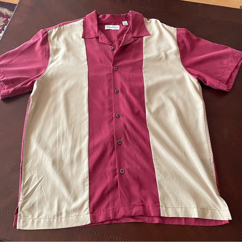 Caribbean Casual Red & Cream Button Down Shirt, Sz L